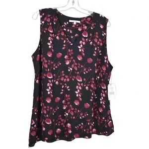 NWT Alfred Sung Floral Tank Top Black Red Sleeveless V-Neck Size XL